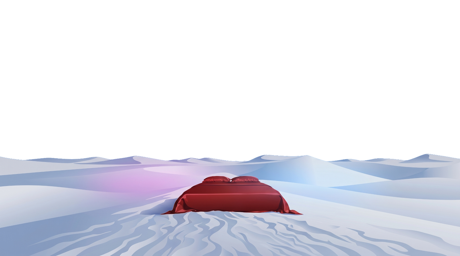 A bed in a desert of moonlit dunes