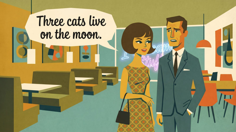 A dreamer telling a stranger her proof phrase — “Three cats live on the moon.”